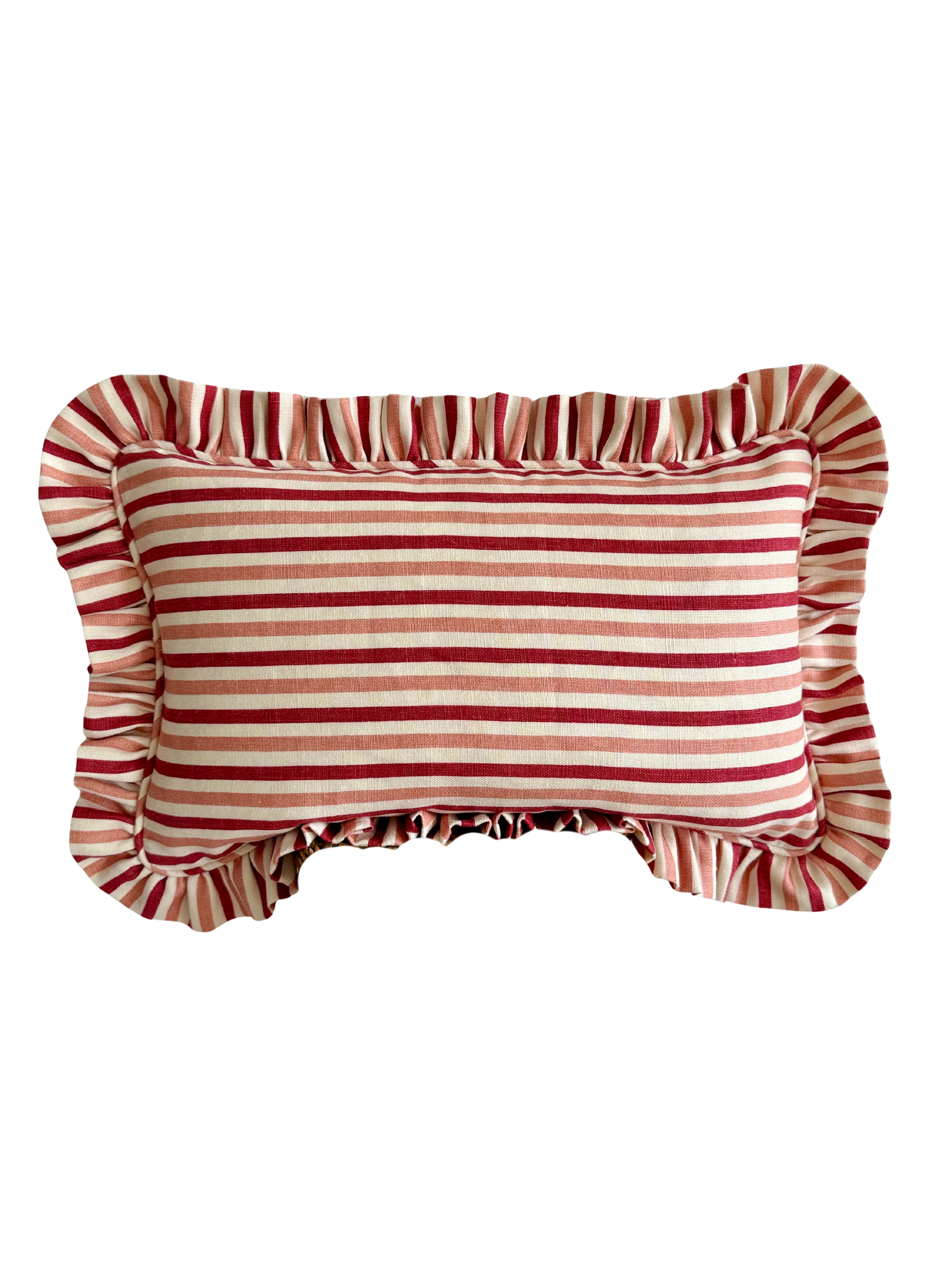 Pink and white striped pillow with ruffled edges
