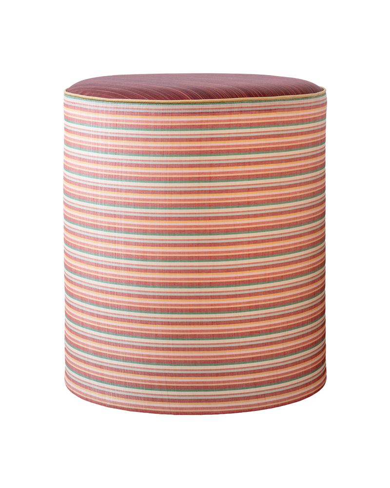 Striped cylindrical stool with a multicolor pattern on a white background