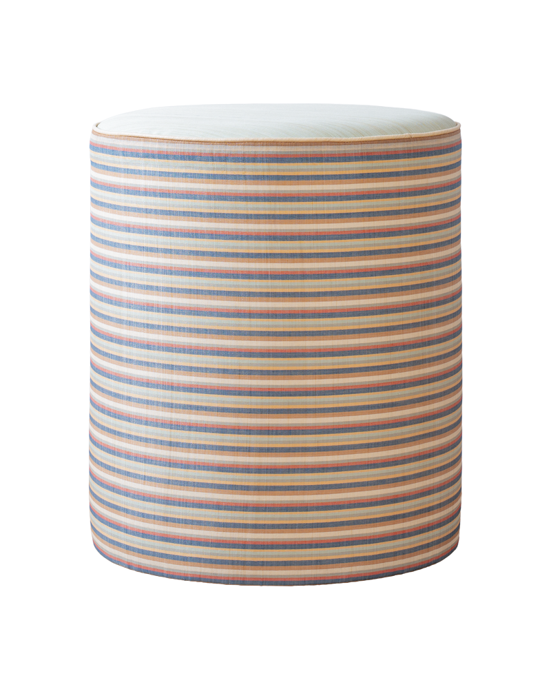 Cylindrical stool with multicolored stripes on a white background