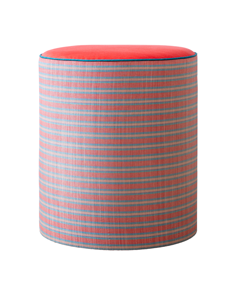 Round stool with red and blue striped pattern on a white background