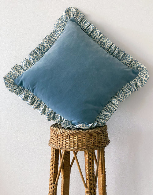 Blue Velvet Cushion with Frill Trim