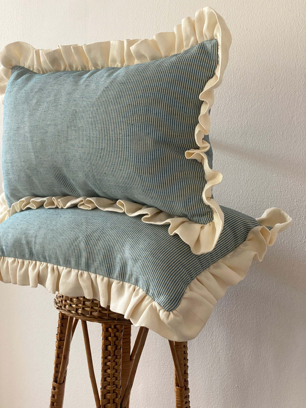 Blue & White Striped Cushion with Cream Frill Trim