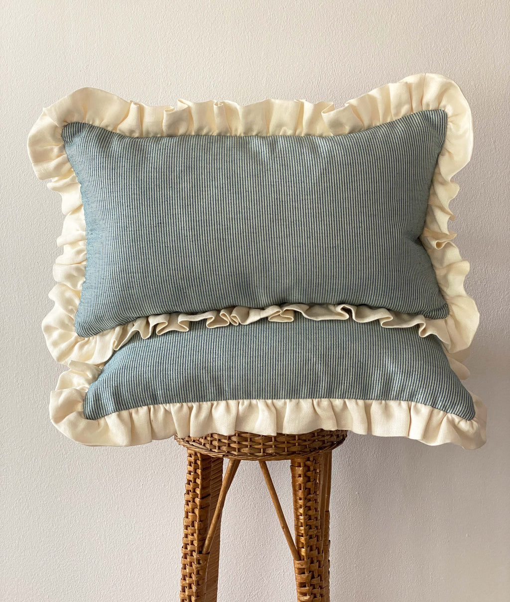 Blue & White Striped Cushion with Cream Frill Trim