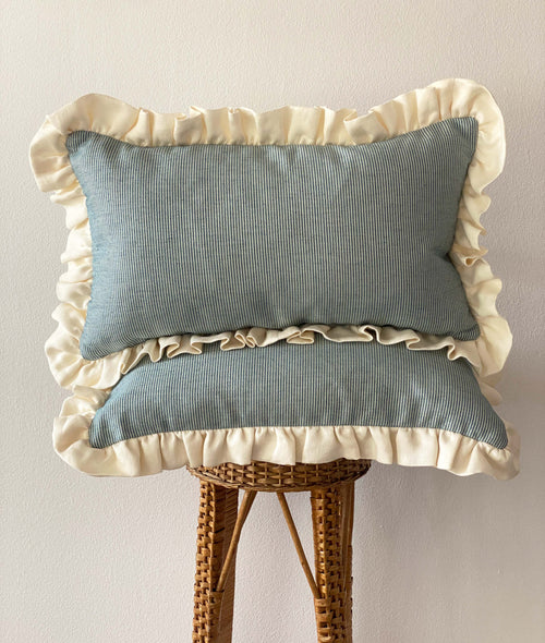 Blue & White Striped Cushion with Cream Frill Trim