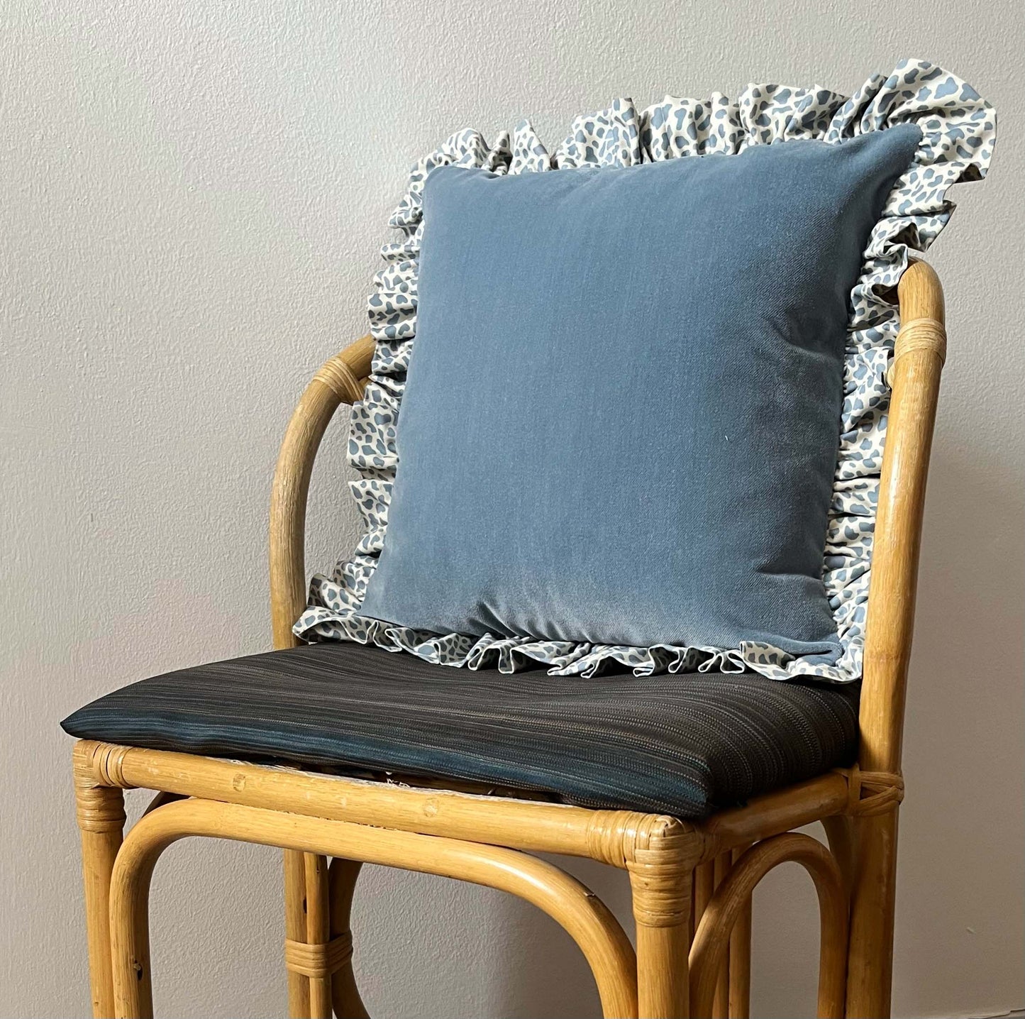 Blue Velvet Cushion with Frill Trim