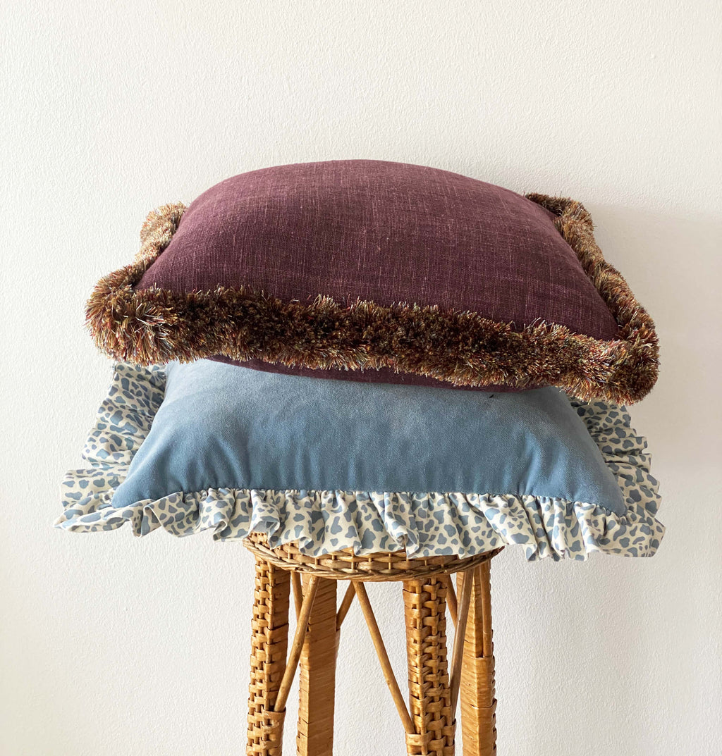 Plum Linen Cushion with Fringe