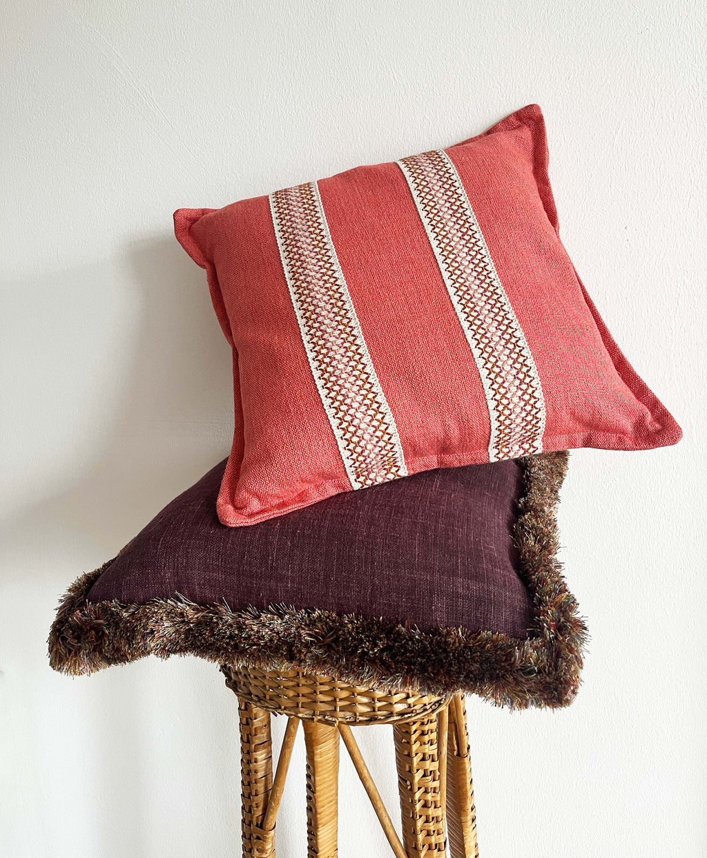 Plum Linen Cushion with Fringe