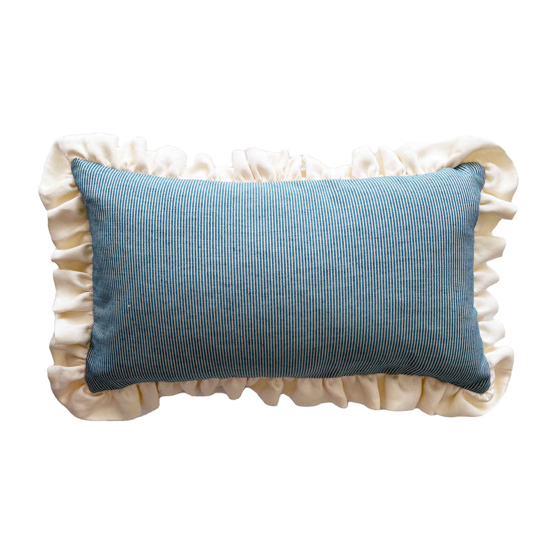 Blue and White Striped Cushion with Cream Frill Trim