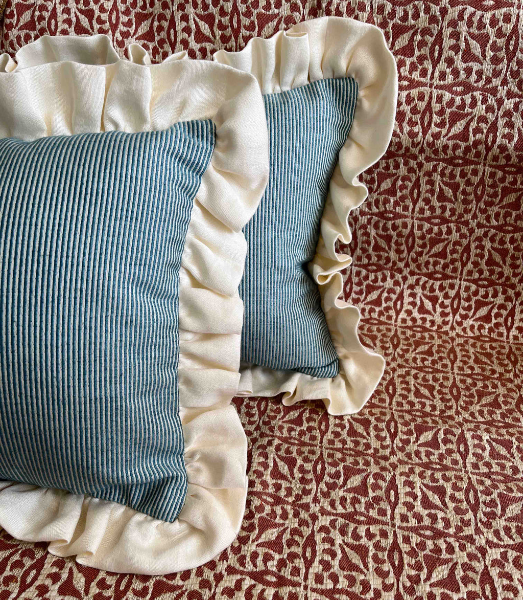 Blue & White Striped Cushion with Cream Frill Trim